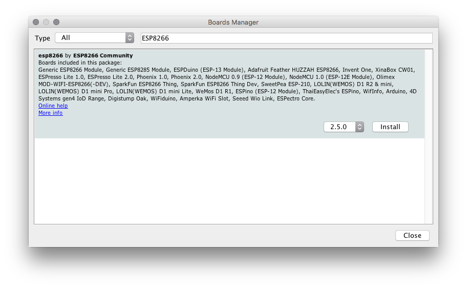 Screenshot showing the Boards Manager window in the Arduino IDE. Demonstrates that you search 'ESP8266' in the top right hand search bar to find the correct set of boards to install